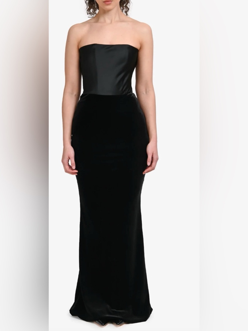 Strapless Black Satin & Velvet Maxi Dress